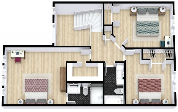 Tầng 2 gồm 2 phòng ngủ nhỏ và 1 phòng ngủ lớn
