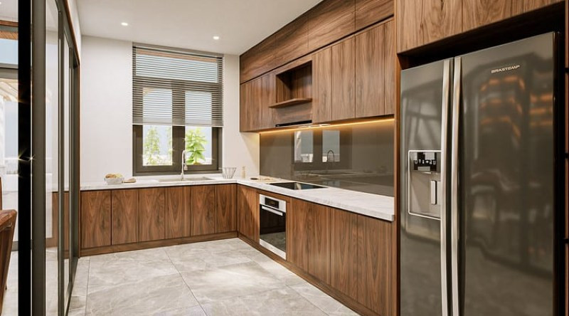 Căn bếp sử dụng nội thất làm từ gỗ tự nhiên có đường vân đẹp mắt
