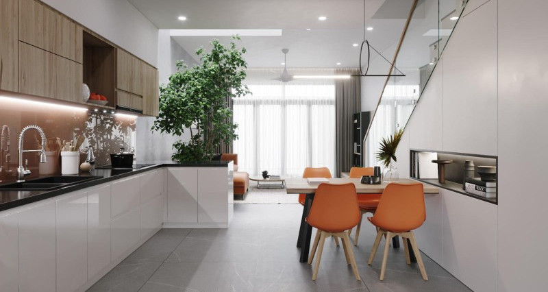 Nhà bếp phong cách nhiệt đới kết hợp sử dụng nội thất màu cam và cây xanh