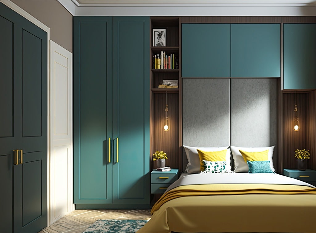 Mẫu tủ cánh mở màu xanh tinh tế cho phòng ngủ hiện đại, sang trọng
