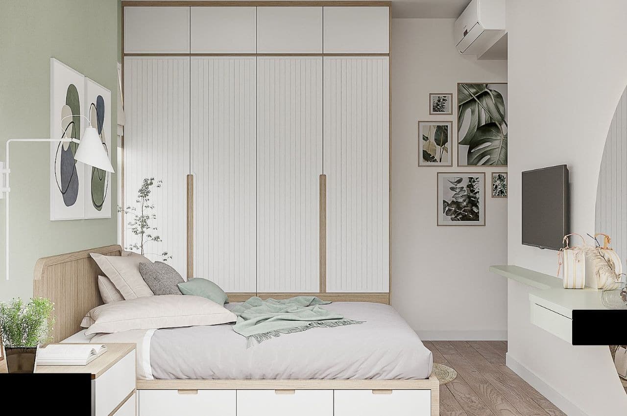 Tủ quần áo âm tường màu trắng, gỗ công nghiệp cho phòng ngủ nhỏ